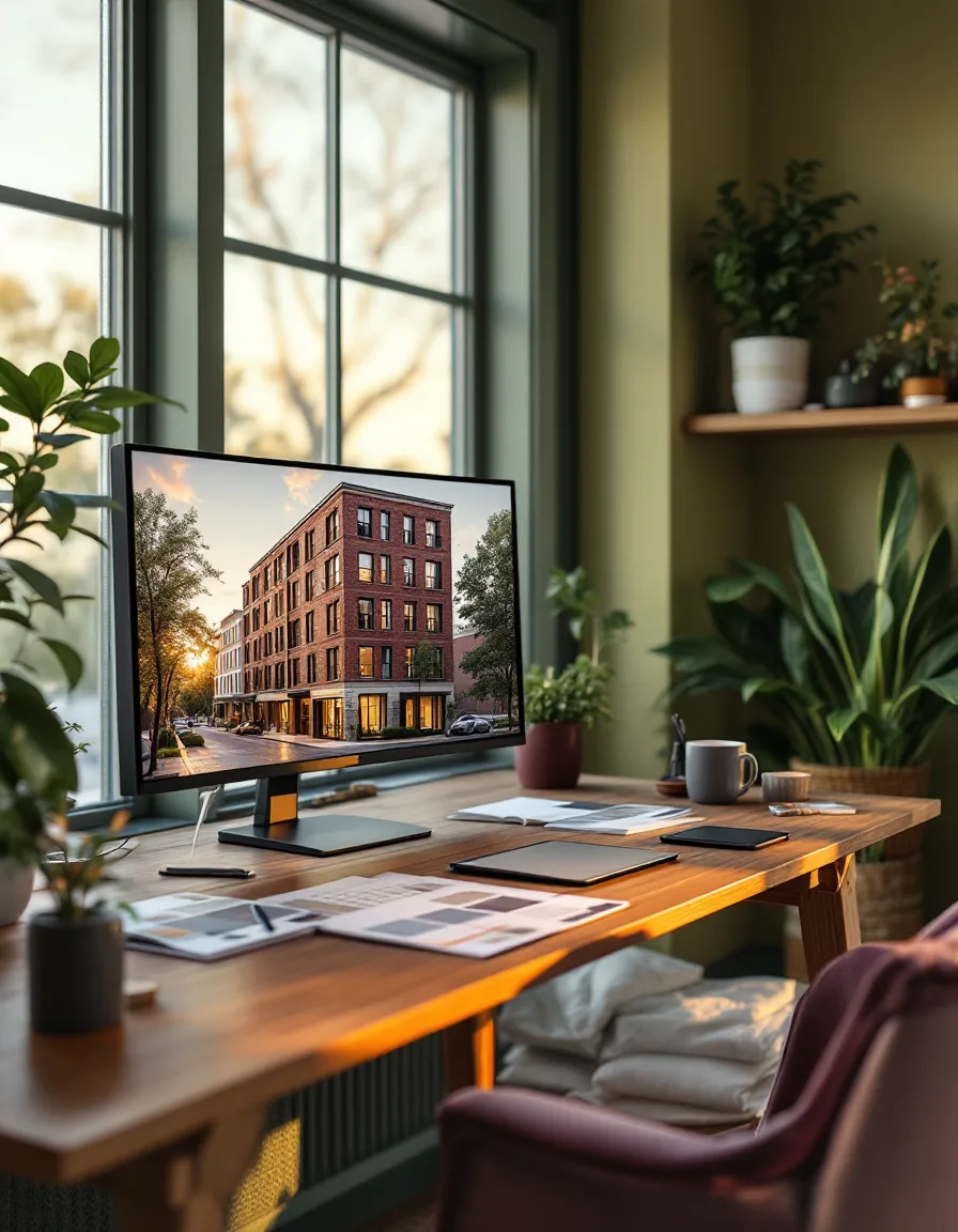 Lantern Yard's Raleigh studio with monitors showing a photoreal render