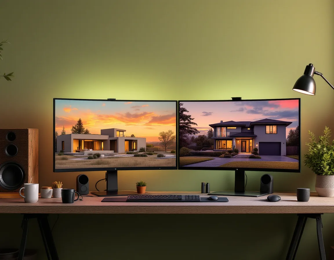 A rendering workstation showing a grey clay model beside its finished photoreal render